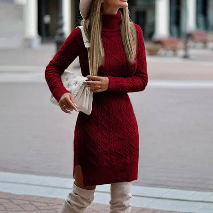 Women's Turtleneck Knit Sweater Dress with Side Slit Wine Red Sweater