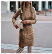 Women's Turtleneck Knit Sweater Dress with Side Slit Camel Sweater