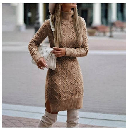 Women's Turtleneck Knit Sweater Dress with Side Slit Camel Sweater