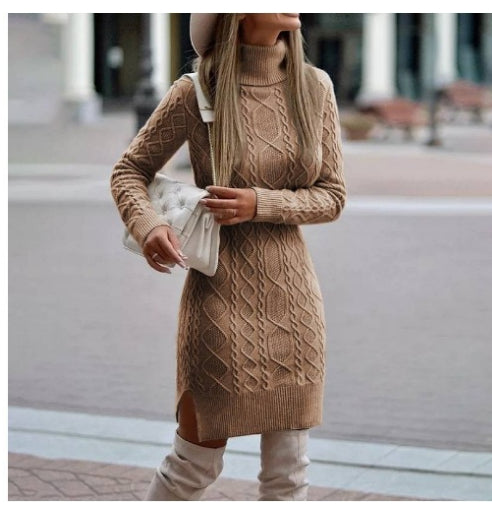 Women's Turtleneck Knit Sweater Dress with Side Slit Camel Sweater