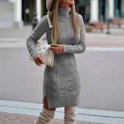 Women's Turtleneck Knit Sweater Dress with Side Slit Grey Sweater