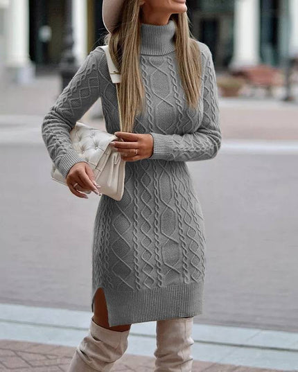 Women's Turtleneck Knit Sweater Dress with Side Slit Grey Sweater