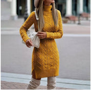Women's Turtleneck Knit Sweater Dress with Side Slit Yellow Sweater