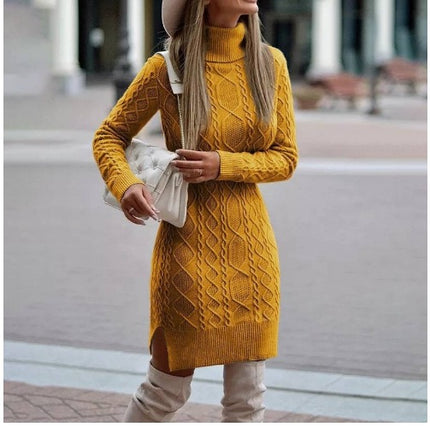Women's Turtleneck Knit Sweater Dress with Side Slit Yellow Sweater