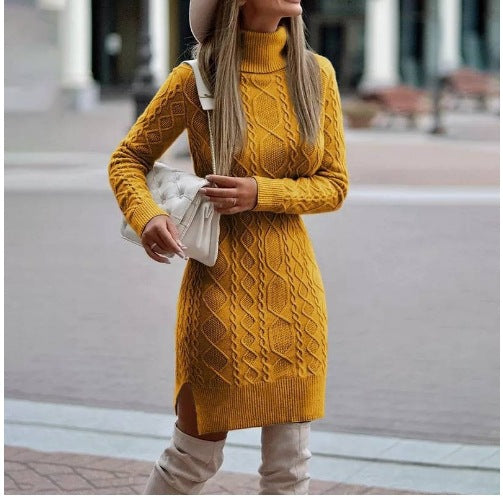 Women's Turtleneck Knit Sweater Dress with Side Slit Yellow Sweater