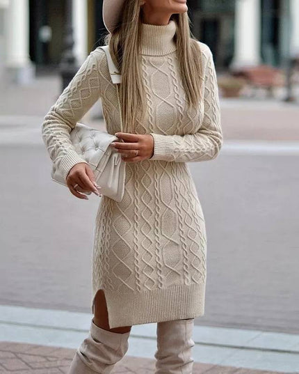 Women's Turtleneck Knit Sweater Dress with Side Slit Beige Sweater