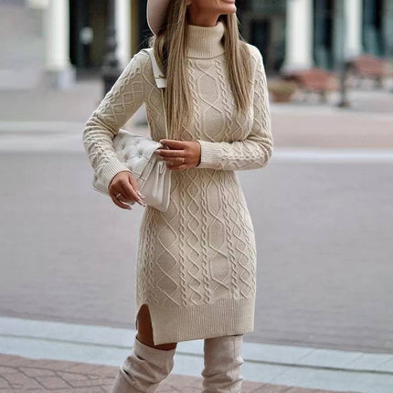 Women's Turtleneck Knit Sweater Dress with Side Slit Beige Sweater
