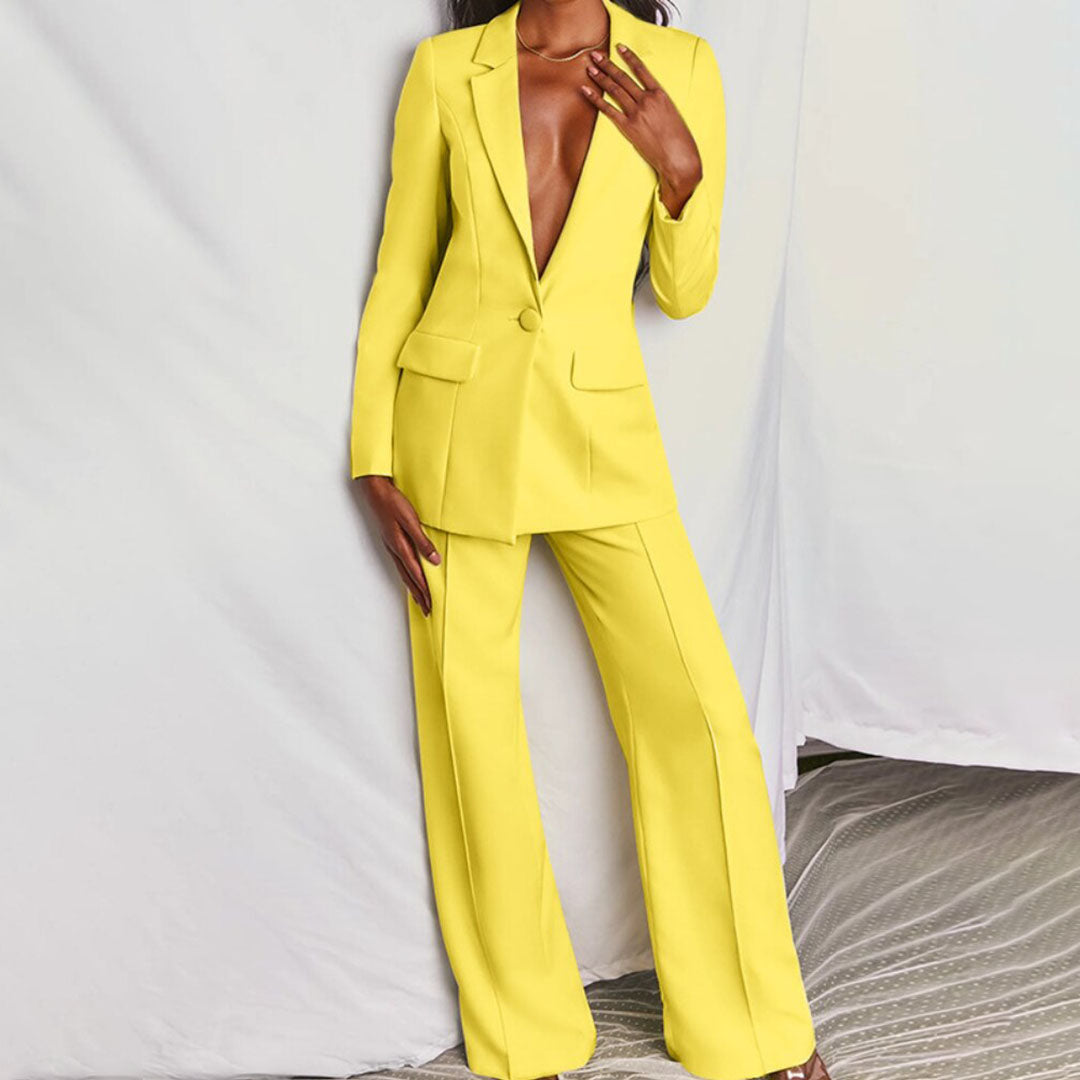 Elegant Women's Blazer and Pants Set Yellow Blazer