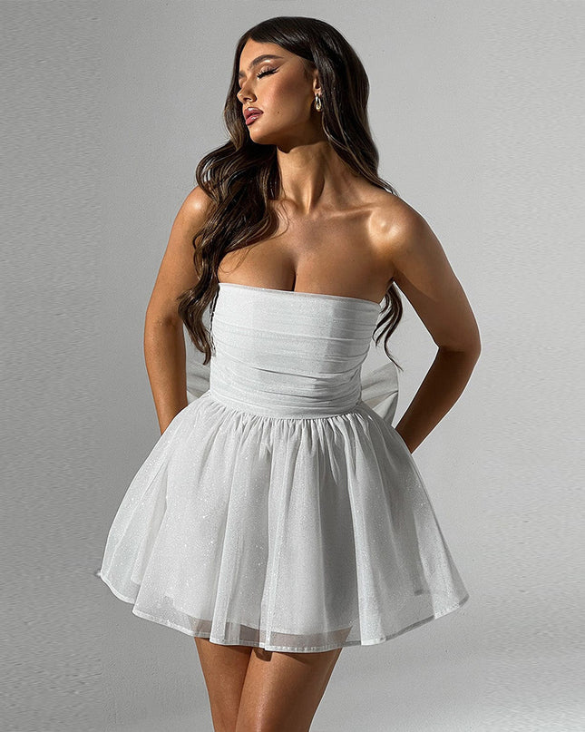 Elegant Tube Top Lace Dress with Back Bow Silver Dresses