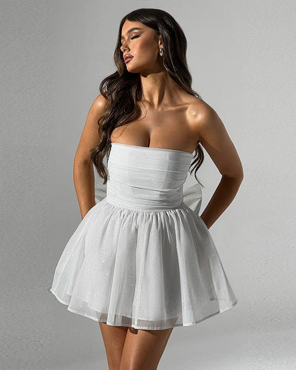 Tube Top Lace Dress with Back Bow Knot – Mesh-Trimmed Summer Mini Dress Silver Dresses