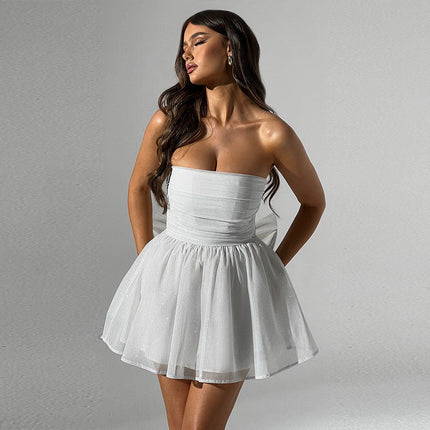 Tube Top Lace Dress with Back Bow Knot – Mesh-Trimmed Summer Mini Dress Silver Dresses
