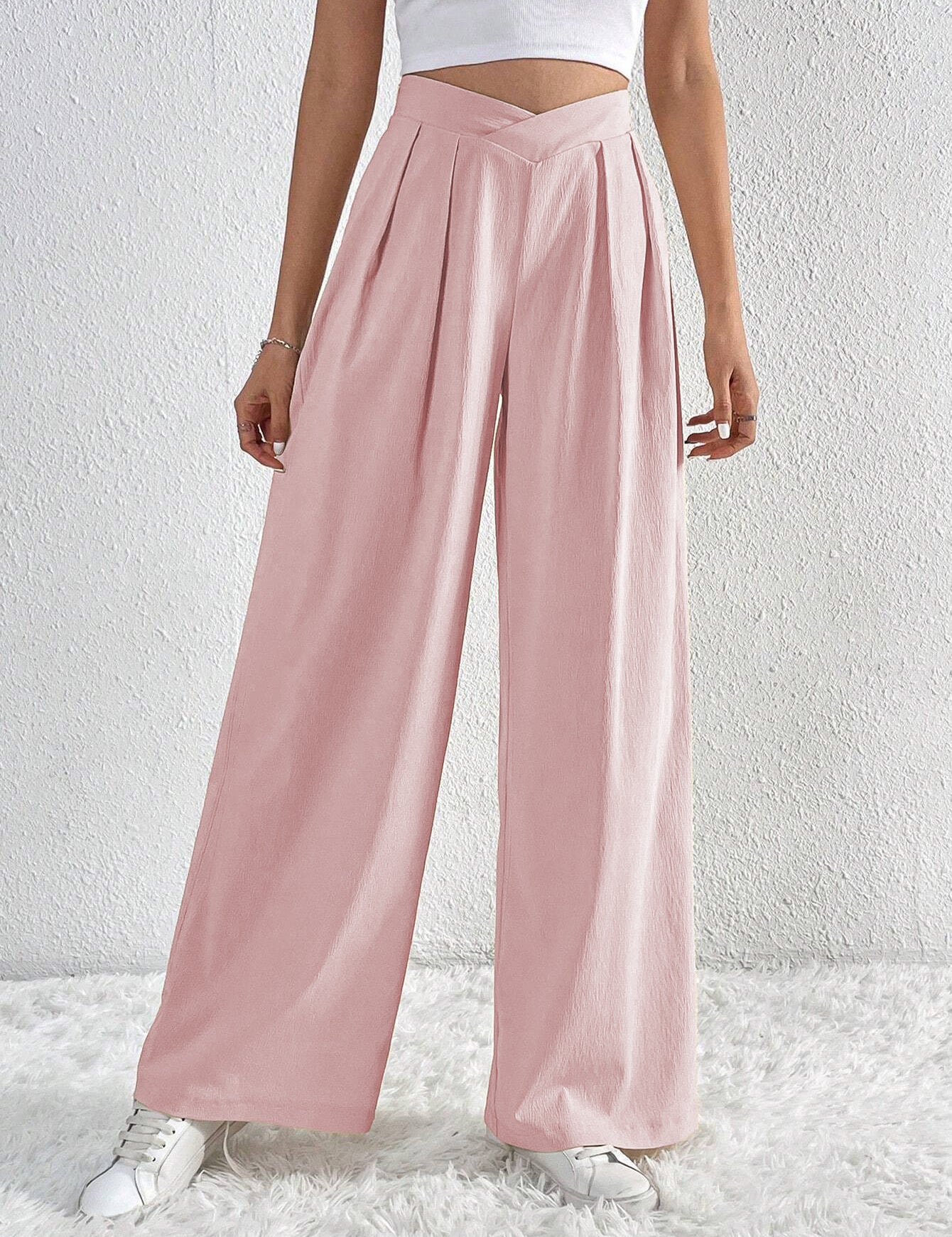Summer New Solid Color Pleated Casual Wide-leg Pants Loose Casual Women's Commuting Versatile Style Comfortable TrousersS Pink
