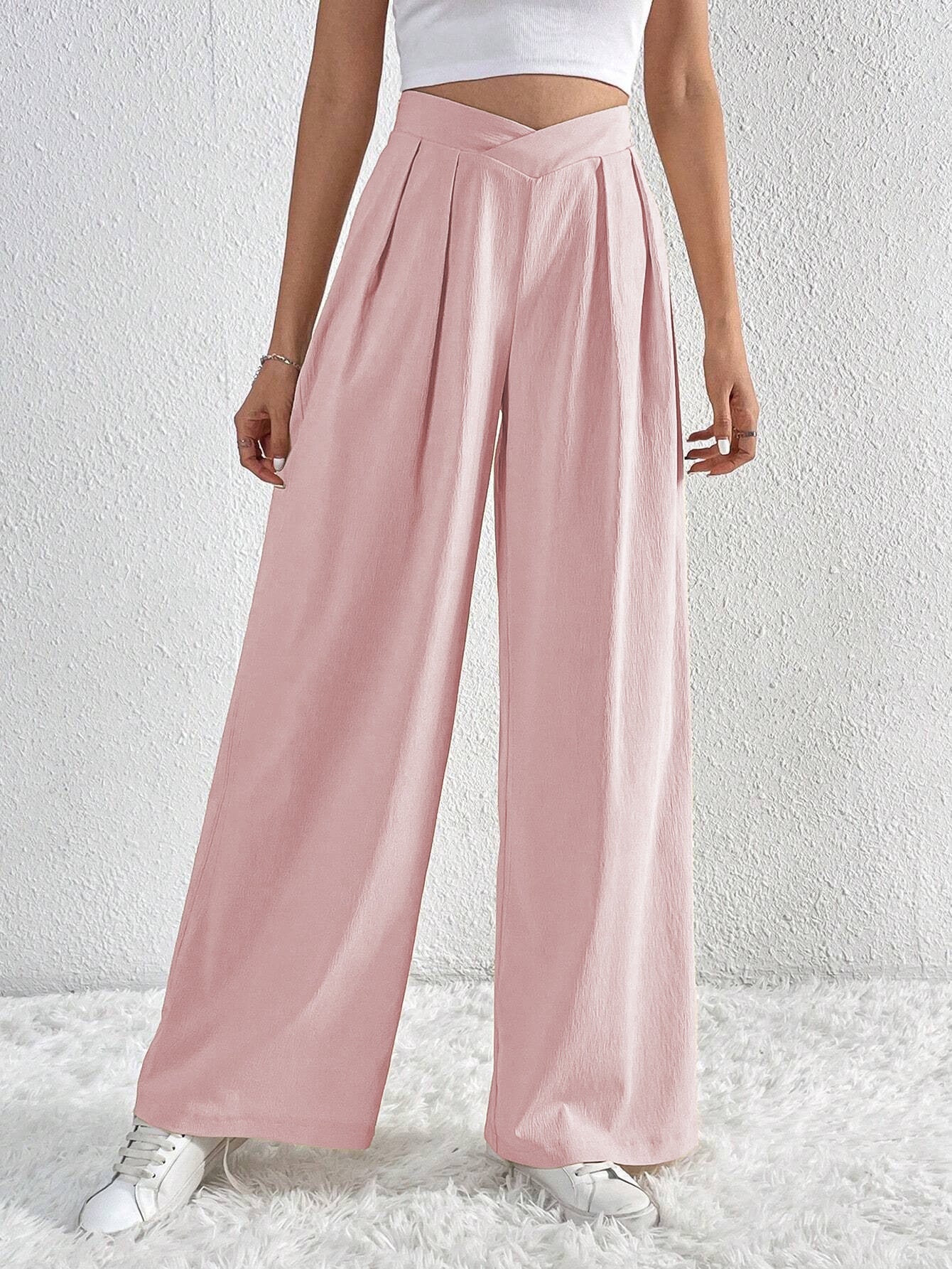 Summer New Solid Color Pleated Casual Wide-leg Pants Loose Casual Women's Commuting Versatile Style Comfortable TrousersS Pink