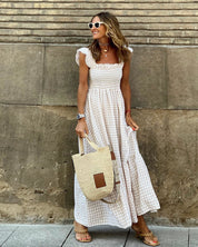 Summer Plaid Sleeveless Ruffle A-Line Dress White Dresses