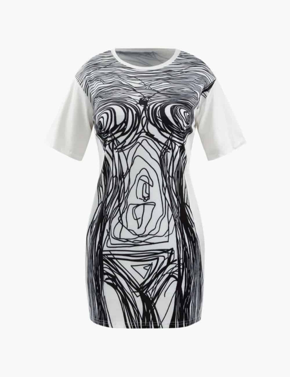 Abstract Line Print Short Sleeve Mini Dress Dresses