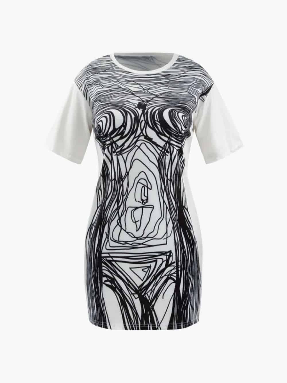 Abstract Line Print Short Sleeve Mini Dress Dresses