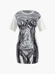 Abstract Line Print Short Sleeve Mini Dress Dresses