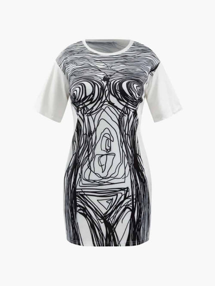 Abstract Line Print Short Sleeve Mini Dress Dresses