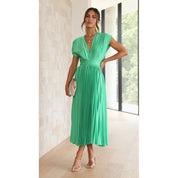 Summer V-Neck Pleated Sleeveless Dress Green Dress