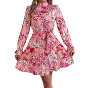 Floral Print Waist-Controlled A-Line Dress for Women - Long Sleeve Spring Women's Clothing
