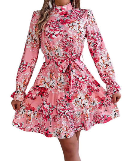 Floral Print Waist-Controlled A-Line Dress for Women - Long Sleeve Spring Women's Clothing