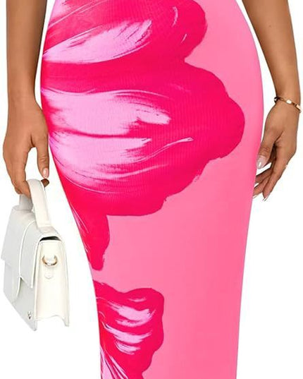 Women's Slim-Fit Floral Print Dress Pink Red Flower Dress