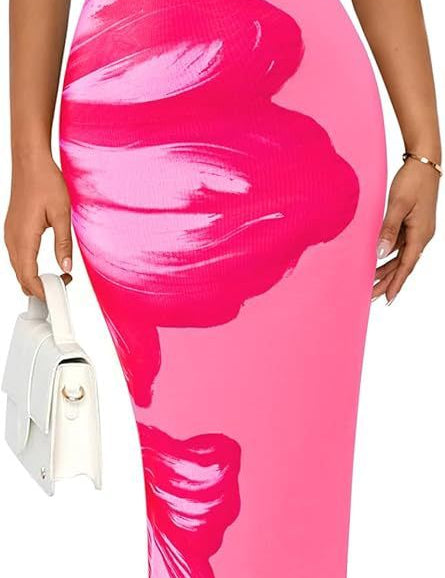 Women's Slim-Fit Floral Print Dress Pink Red Flower Dress