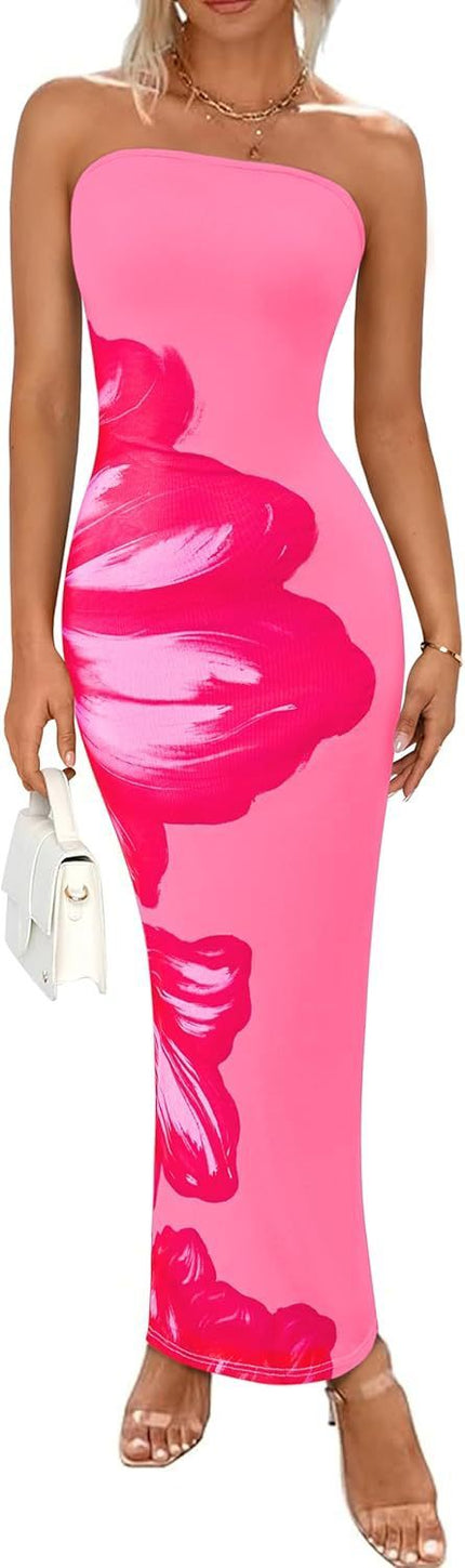 Women's Slim-Fit Floral Print Dress Pink Red Flower Dress