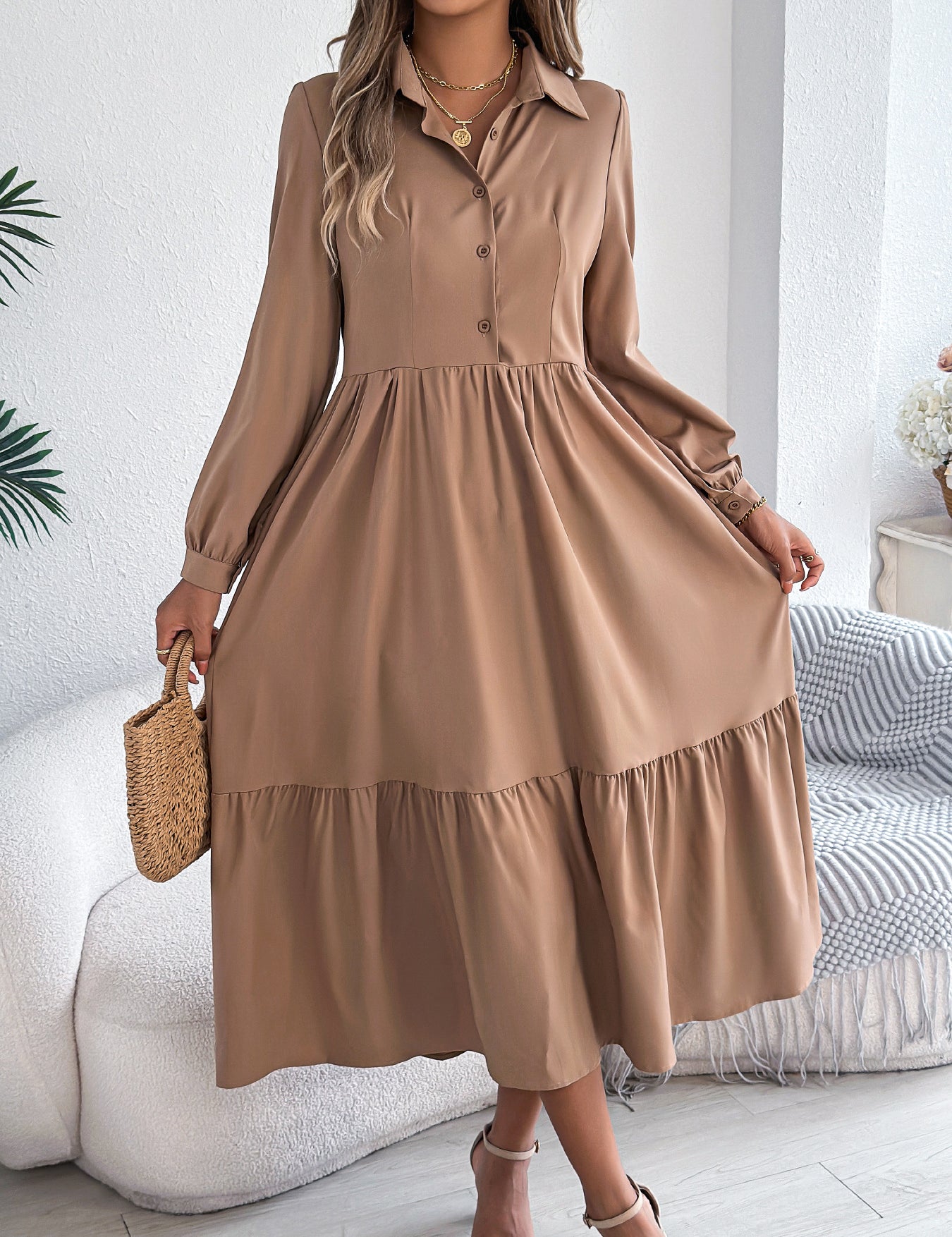 Women's Lapel Loose Ruffled Shirt Dress – Casual Long-Sleeve Vacation Dress Khaki Dresses