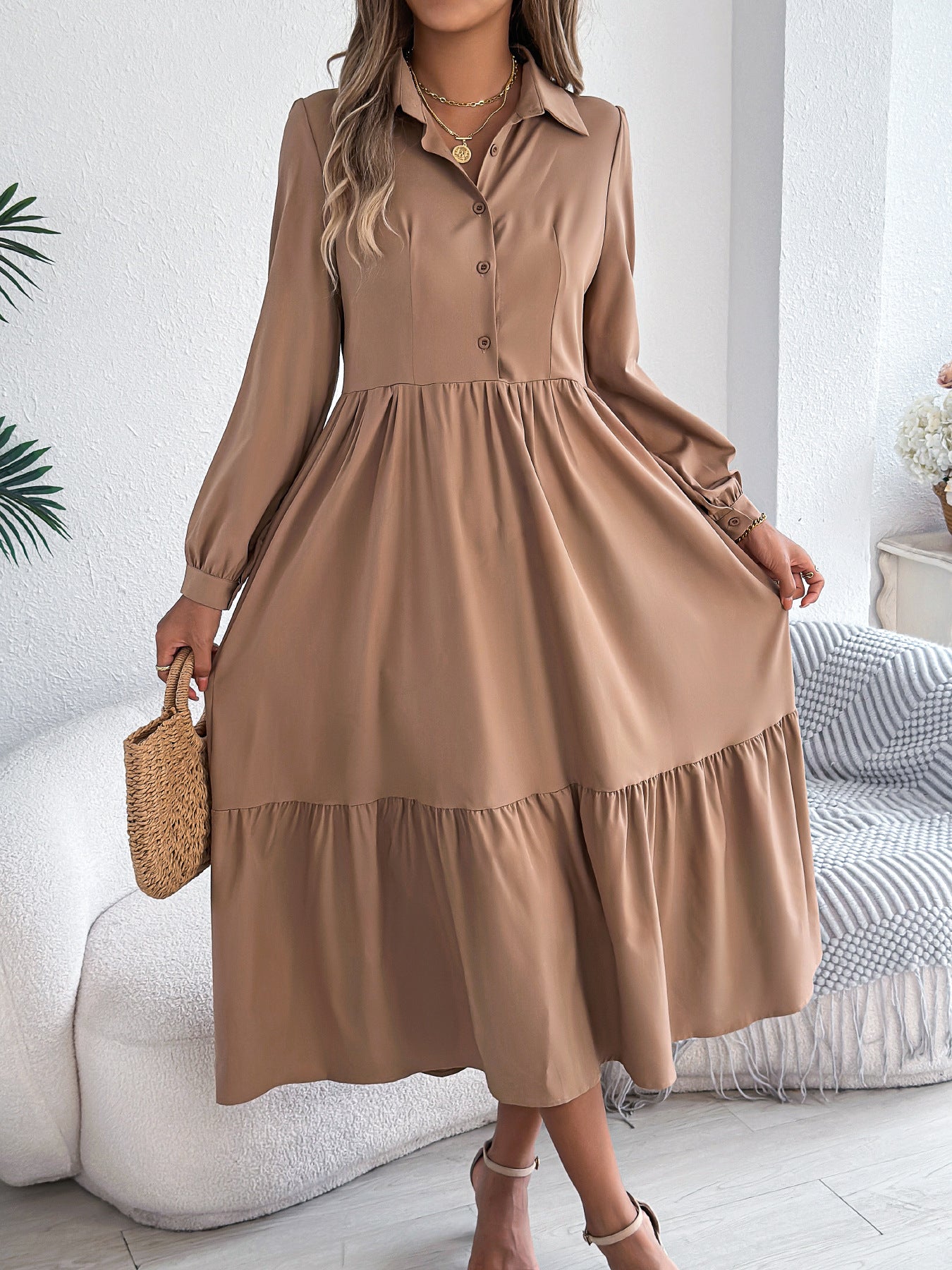 Women's Lapel Loose Ruffled Shirt Dress – Casual Long-Sleeve Vacation Dress Khaki Dresses