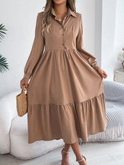 Women's Lapel Loose Ruffled Shirt Dress – Casual Long-Sleeve Vacation Dress Khaki Dresses