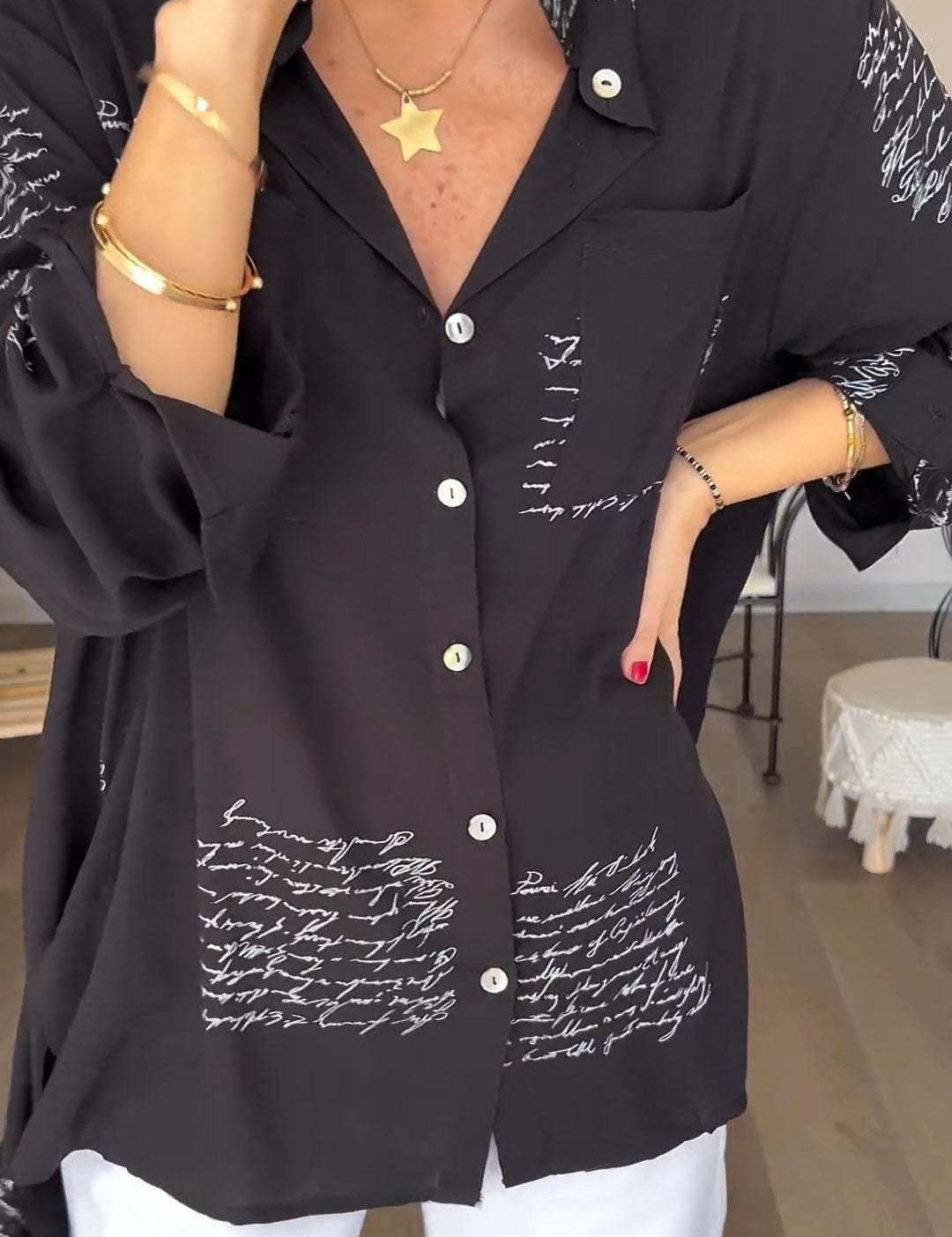 Lina | Letter Print Fashion Lapel Shirt Black Shirts & Tops