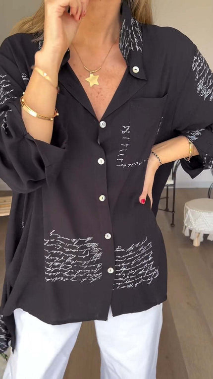 Lina | Letter Print Fashion Lapel Shirt Black Shirts & Tops