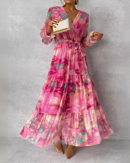Elegant Floral Chiffon Maxi Dress Rose Red Dresses