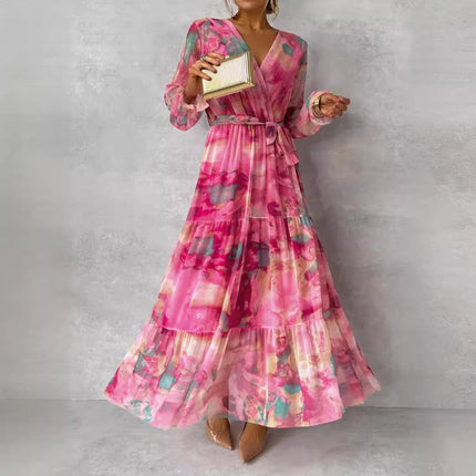 Elegant Floral Chiffon Maxi Dress Rose Red Dresses