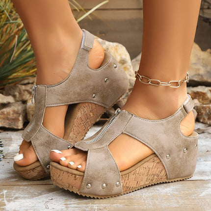 Women's Summer Zipper Wedge Sandals Beige Sandals