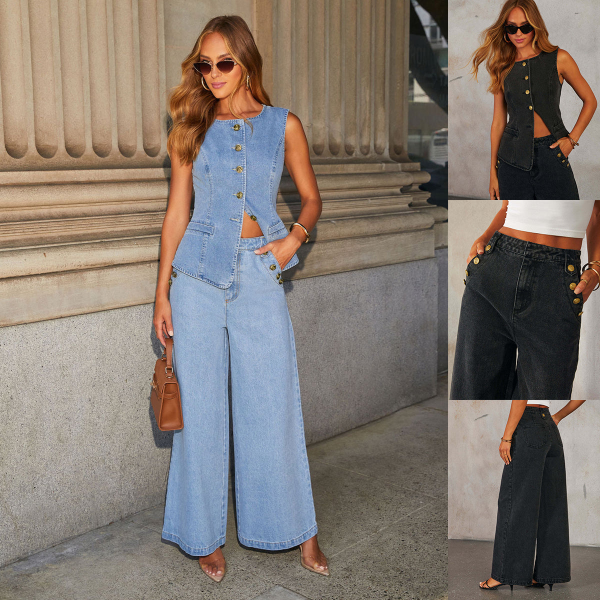 Women’s Denim Vest & Wide‑Leg Trousers Set Sets