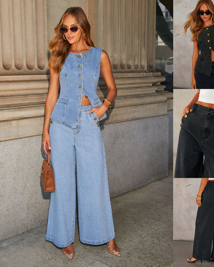Women’s Denim Vest & Wide‑Leg Trousers Set Sets