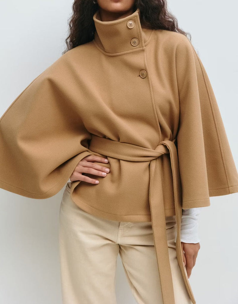 High-Neck Batwing Sleeve Trench Coat with Belt Khaki Women's Coats & Jackets