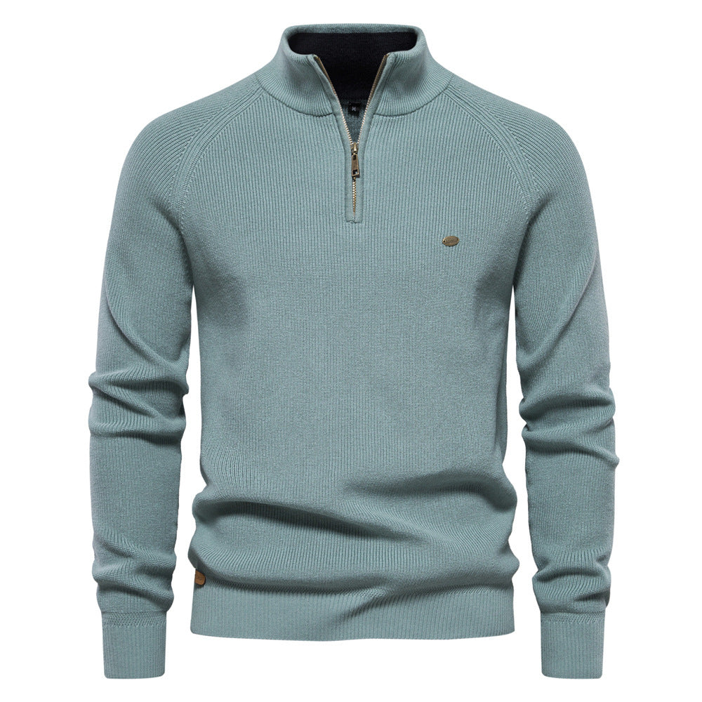 Men’s Zipper Stand Collar Knitted Sweater Lake Blue Men - Main - Winter