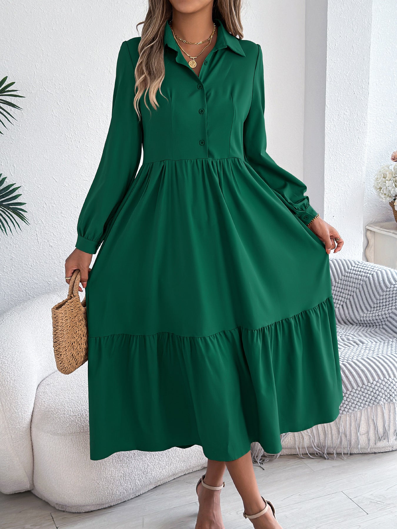 Women's Lapel Loose Ruffled Shirt Dress – Casual Long-Sleeve Vacation Dress Dark Green Dresses