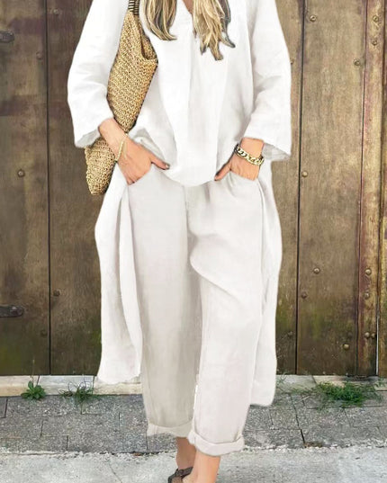 Women's 2-Piece V-Neck Long Sleeve Top & High-Waist Wide-Leg Pants Set with Pockets White set