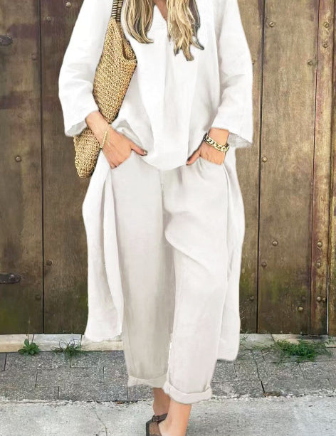 Women's 2-Piece V-Neck Long Sleeve Top & High-Waist Wide-Leg Pants Set with Pockets White set