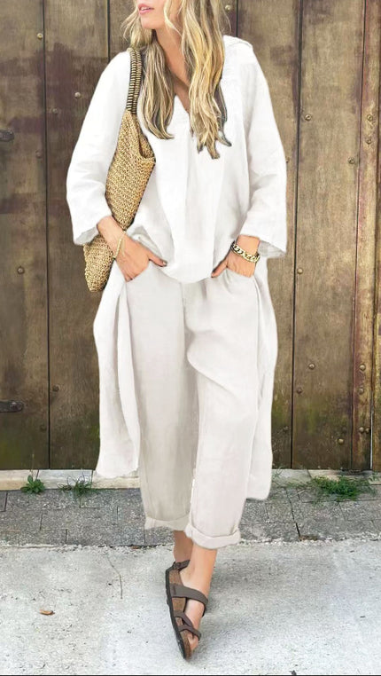 Women's 2-Piece V-Neck Long Sleeve Top & High-Waist Wide-Leg Pants Set with Pockets White set