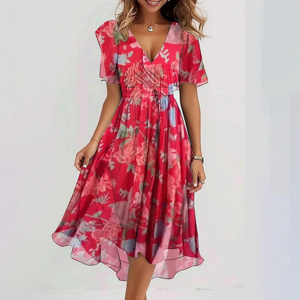 Women's Chiffon Printed V-Neck Dress Red Dress