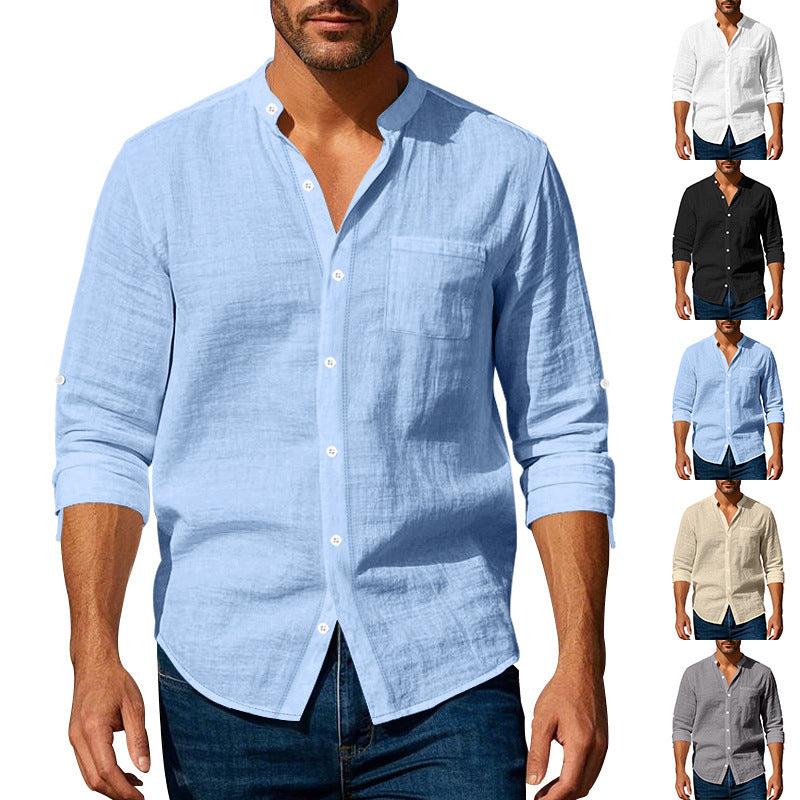 Men’s Stand‑Collar Long‑Sleeve Shirt with Pockets Shirts