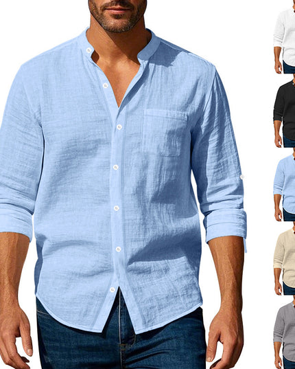 Men’s Stand‑Collar Long‑Sleeve Shirt with Pockets Shirts