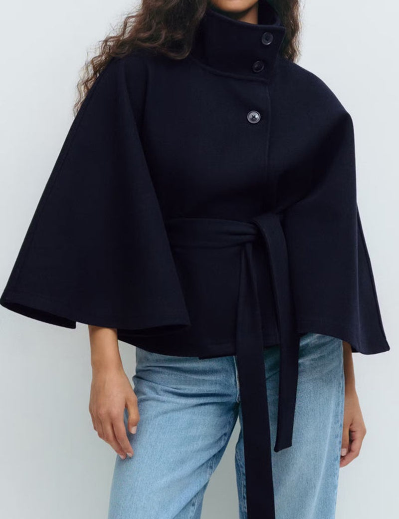 High-Neck Batwing Sleeve Trench Coat with Belt Navy Blue Women's Coats & Jackets