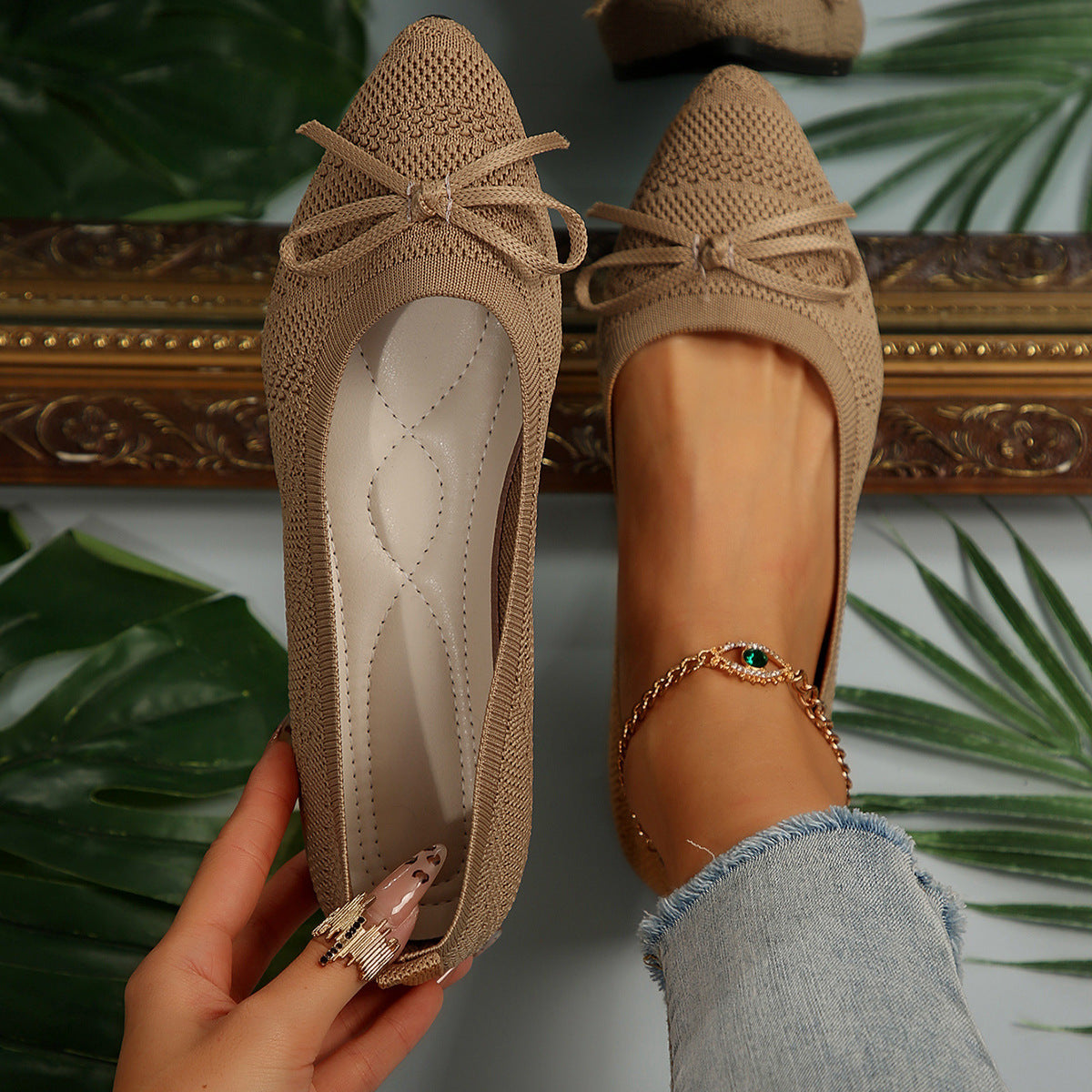 Bow Knitted Loafers Khaki Loafers