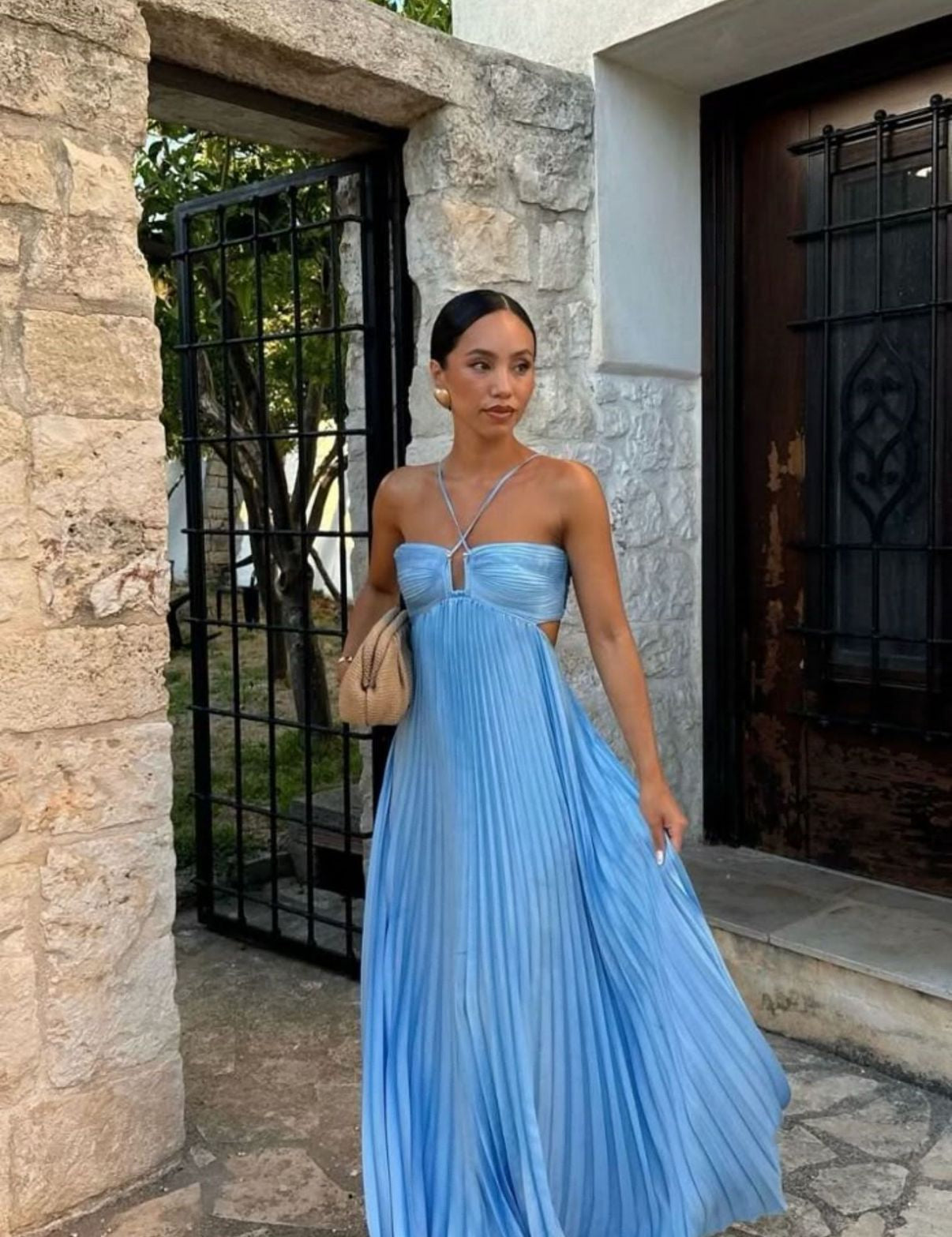 Women's Pleated Sleeveless Sling Dress - Halter High Waist Blue women